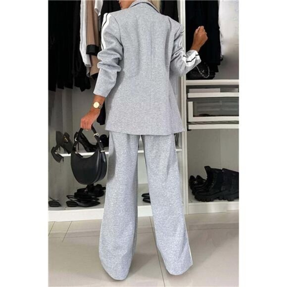 Full Size Contrast Lapel Collar Top and Pants Set - Picture 5 of 17